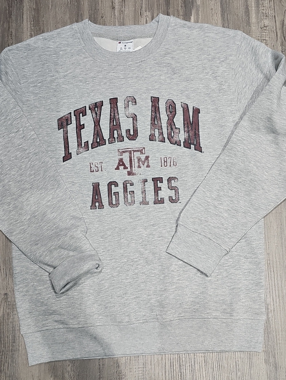 Champion Gray Crewneck Sweatshirt with Maroon Texas A&M Aggies Print